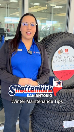 Cold weather is coming, San Antonio! ❄️ Here are 3 quick tips from Brianna and the Shottenkirk Toyota Service Department to keep your vehicle ready for the season: 1️⃣ Check your tires – Make sure they’re properly inflated and have good tread. 2️⃣ Test your battery – Cold temps can weaken older batteries. 3️⃣ Inspect your fluids – Keep your oil, coolant, and windshield fluid at the right levels. ✅ Drive with peace of mind and stay safe this holiday season! Our Service Department is open Monday–F