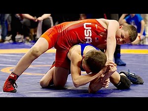 U13 Jon Luke Austin (USA) vs Rostislav Lyahov (UKR) 42kg. Freestyle boys youth wrestling. B-cam-man