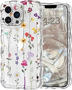 Micoden for iPhone 13 Pro Max Case,Cute Floral Girls Women,Elegant Florals | Soft Shockproof Curly Wave Wavy Edge Camera Protection Cover Clear Thin [Non Yellowing] Phone Case for iPhone 13 Pro Max