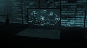 Framework of AI workflow illustrations on an office laptop