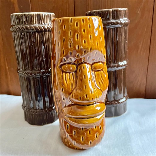 Vintage Tiki Mug Set of 3 – Moai Tiki Mug & Bamboo Tumblers – Tropical Barware – Tiki Bar Decor - Etsy