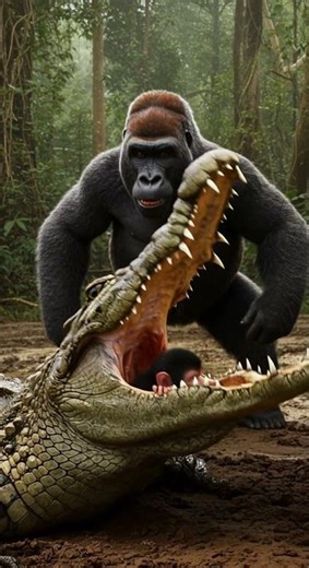 Gorilla Saves Baby Chimp from Crocodile | Epic Jungle Battle