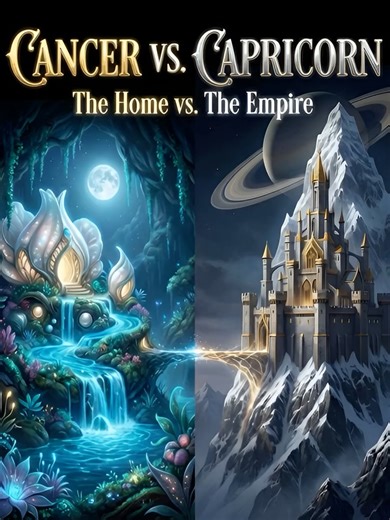 Cancer’s Mindset on Instagram: "The Mother and The Father of the Zodiac. 🌙🪐♋️♑️ This is the ultimate “Opposite Signs” pairing. Cancer and Capricorn sit directly across from each other on the zodiac wheel, creating a magnetic pull that is impossible to ignore. Cancer is the Home. Ruled by the Moon, they prioritize emotional security, family, and the private world. They build the nest. Capricorn is the Empire. Ruled by Saturn, they prioritize financial security, legacy, and the public world. The