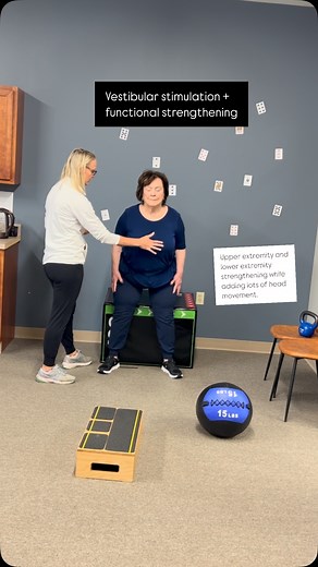 Dr. Christina Garrity | Neurologic Clinical Specialist on Instagram: "Are your patients deconditioned and unsteady on their feet? Here are some strengthening exercises I like to use that get the vestibular system moving. I set them up as stations and do intervals throughout the session to minimize rest breaks and keep the intensity high. Upper extremity and lower extremity strengthening while trying to add some balance challenges and lots of head movement. #physicaltherapy #neuroPT #neuroplastic