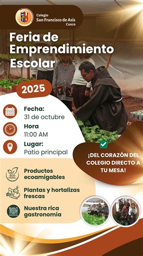 🌿✨ ¡ESTE VIERNES CELEBRAMOS NUESTRA FERIA DE EMPRENDIMIENTO ESCOLAR 2025! ✨🌿 Con entusiasmo y creatividad, nuestros estudiantes presentarán los frutos de su trabajo en la Feria de Emprendimiento Escolar 2025, un espacio donde el aprendizaje se convierte en acción y compromiso con el cuidado de la creación. 💚 🪴 Productos ecoamigables, 🌽 plantas y hortalizas cultivadas de forma natural en nuestro colegio, y 🍲 nuestra deliciosa gastronomía elaborada con productos 100% naturales serán parte de