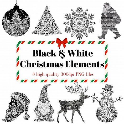 Vintage Christmas Clipart Bundle: Black & White Folk Style Pngs (digital Download) - Etsy