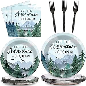 Adventure Awaits Baby Shower Tableware Let The Adventure Begin Plates Pine Tree Mountain Wilderness Dinnerware Disposable Paper Dinnerware For Baby Shower Birthday Party Decor Supplies 24 Guests