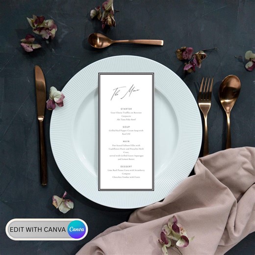 Modèle de menu de mariage modifiable | Carte de menu minimaliste à imprimer | Menu élégant pour le dîner | Menu moderne pour la réception | Téléchargement instantané - Etsy France