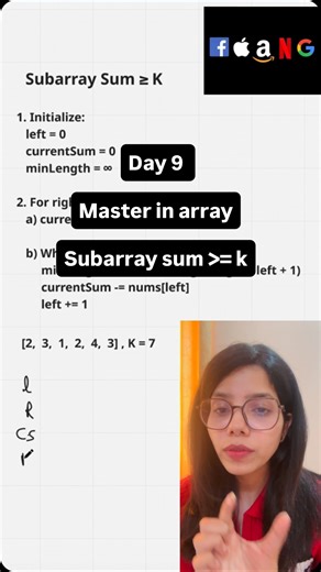 Think Code Crack on Instagram: "Subarray Sum ≥ K Given an array of positive integers nums and an integer K, find the minimum length of a contiguous subarray of which the sum is at least K. If no such subarray exists, return 0. Comment CODE I will DM you running solution and its related questions. #dsa #datastructures #fyp #engineer #interview Here you go — all in one line for easy copy 😄 DSA CodingInterview Algorithms DataStructures InterviewPrep CodingLife LeetCode CodeStudio CompetitiveProgra
