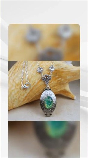 Green Glass Opal Silver Photo Locket