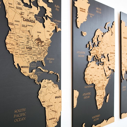 World Map Wall Art Push Pin Map, Cork Board Wooden Travel Map Wall Decor, Wood Wall Map 5th Anniversary Gift, 3 Panel Wall Art - Etsy