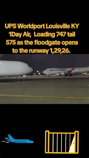 UPS Worldport Louisville KY 1Day Air, Loading 747 tail 575 as the floodgate opens to the runway 1,29,26. #ups #plane #delivery #following
