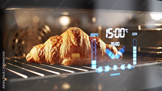 Golden Croissant Baking in a Modern Smart Oven with Digital Timer Display