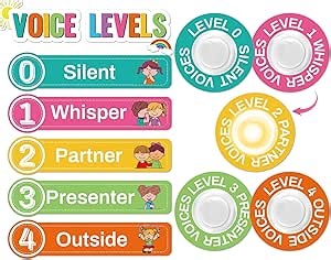 Colorful Voice Level Poster with 5 Pack Puck Lights Class Noise Level Display Educational Management Noise Monitor Supplies Rules Sign for Teacher Must Haves Classroom Essentials Elementary School