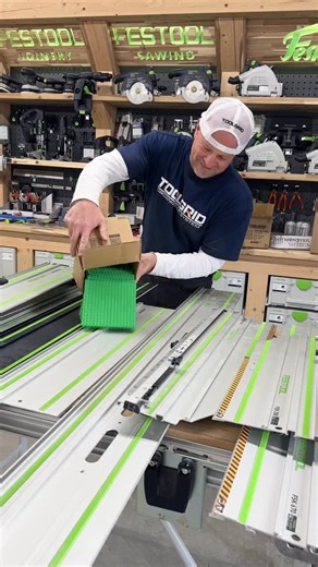 Dustin Mitchell on Instagram: "Trying out an idea using the @mantis.toolgrid green boards and vertical hooks to organize the Festool tracks. Over the holidays I was rearranging a few spots in the shop and figuring out good spots for some things I hadn’t quite found the right spot for yet"