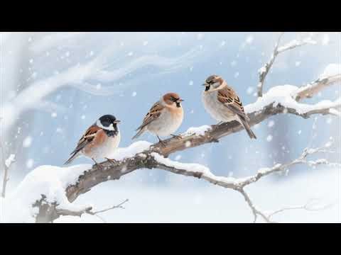 Winter Sparrows on Snowy Branch – Calm Wallpaper | Relaxing Cosy Winter Scene & Soft Snowfall