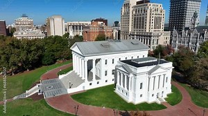 Virginia state capitol building. Aerial view of historic white building in downtown Richmond, Va.