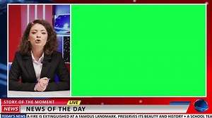 Reporter presents news on greenscreen display, covering daily topics while using blank copyspace template in news studio. Woman journalist talking about international newscast live on tv.