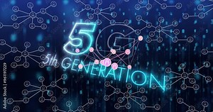 5G 5th generation network connections and data processing animation over digital background