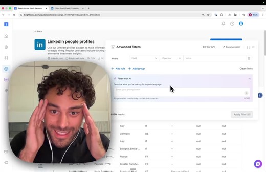 This AI is the "ChatGPT to find people".And I can't believe what just happened:It's a public dataset from Bright Data.1. It's free. You create an account in like 1 min.2. You prompt it like… | Ruben Hassid | 383 comments