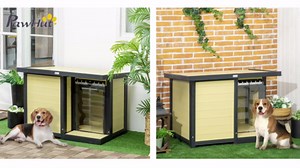 PawHut Dog House Outdoor with Openable Top, Raised Weather Resistant Dog Shelter with Front Door, PVC Curtain, Porch for Medium Sized Dog, Natural Wood
