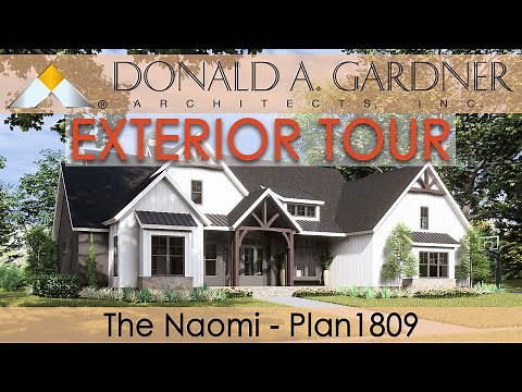 One-story house plan with a modern farmhouse façade and a split-bedroom layout | The Naomi