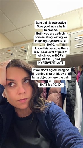 I know I’m gonna get tore up for this one…but I understand sever pain as both a patient and a veteran nurse. 10:10 is the level at which you can barely say the word pain. That doesn’t mean I don’t empathize that the pain is bad or even severe… but there IS always a level that will make your brain absolutely short circuit.. you can’t talk.. or focus on a screen.. that’s a 10 #nurse #pain #healthcare #medicine #doctor