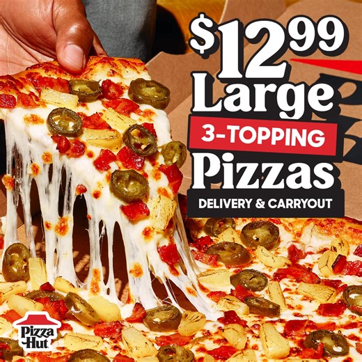 Big pizza, even bigger flavor! Pick your 3 favorite toppings and get a large pizza for just $12.99! 🤩🍕 | Pizza Hut