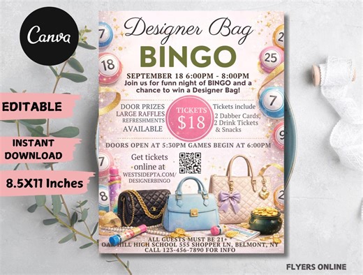 Editable Designer Bag Bingo Night Flyer, Womens Fundraiser CANVA Template, Gold Pink - Etsy