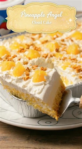 Pineapple Angel Cloud Cake sweet tropical heaven in every bite 📋 Ingredients ● 1 box angel food cake mix ● 1 can (20 oz) crushed pineapple, undrained ● 1 tub whipped topping 📝 Instructions 1: Preheat the Oven: Heat oven to 350°F (175°C). Do not grease your baking pan — this helps the cake climb and rise properly. 2: Mix the Batter: In a large bowl, combine the dry angel food cake mix and the entire can of crushed pineapple (juice included). Stir gently but thoroughly until fully combined. The