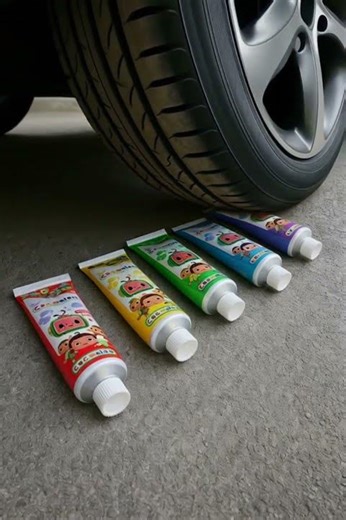 Car vs 4 Cocomelon Toothpaste Tubes | Colorful Gel ASMR Crush