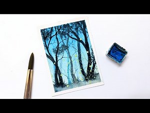 EASY mystic blue forest painting tutorial» How to paint a watercolor forest with depth for beginners