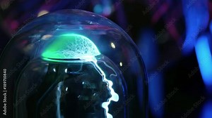 Green abstract electric lightning in a glass flask. Like a plasma ball. Transmission of electrical energy through the air, wireless transmission of electricity. Nuclear Reactor Core.