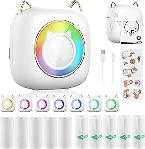Print Pods Mini Printer Portable,Bluetooth Pocket Thermal Sticker Printer with 10 Rolls Thermal Paper&Sticker Inkless Printer for iOS & Android Inkless Pocket Printer for Photo Note (White)