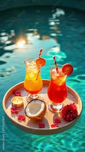 Floating tray in the pool with cocktails and fruit. Vacation, romantic date or honeymoon in a luxury tourist hotel. Vertical futage with space for text