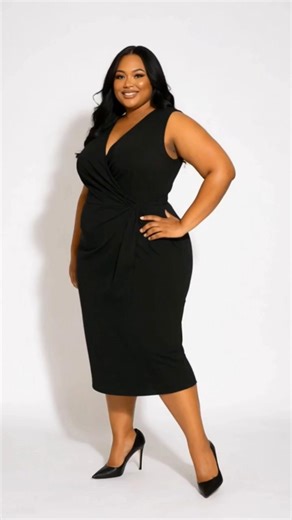 MUXXN Black Wrap Style Midi Dress Sleeveless V-Neck Size 2XL Elegant Classic