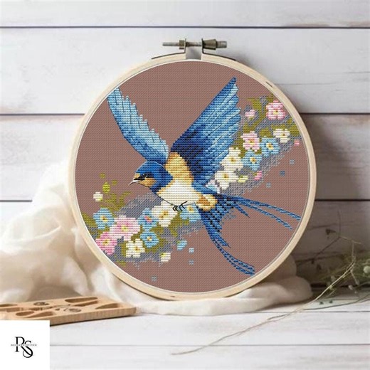 Swallow Bird Cross-stitch Pattern, Blue Bird X-stitch Design, Spring Bird and Flowers PDF File - Etsy