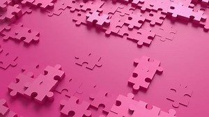 Pink jigsaw puzzle pieces 3d animation loop. Can be used to represent management problem solving, smart psychology, analyzing strategy creativity concept