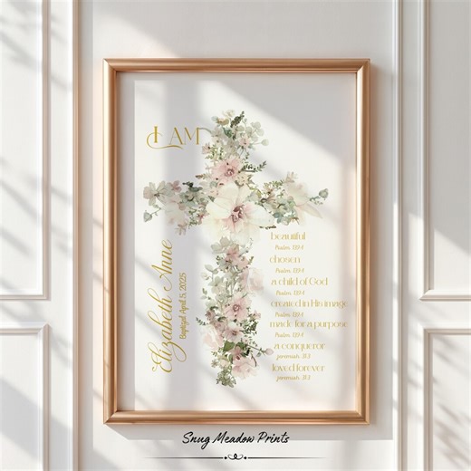 Personalized Baptism Cross Print for Girl, Floral Christian Nursery Wall Art, Scripture Print, Baby Dedication, Child of God Keepsake - Etsy