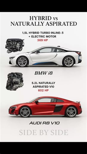 Hybrid Innovation vs Pure NA Power ⚡🔥 When technology meets tradition — the BMW i8 and Audi R8 V10 prove that performance has more than one path. ⁠ 🔹 BMW i8 (2020) — Futuristic hybrid engineering with electric boost and turbo efficiency. Sleek, intelligent, and eco-conscious performance with 369 HP. ⁠ 🔸 Audi R8 V10 (2023) — Naturally aspirated masterpiece. Raw, emotional, and uncompromised performance with a roaring 602 HP — pure mechanical art. ⁠ Two visions. One passion — DRIVING EXCELLENCE