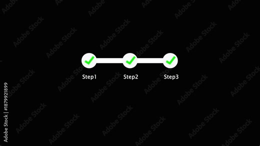 Animated 3-Step Progress Bar with Green Checkmarks and White Circles on Black Background; Three Completed Success Milestones Progressing Through Step 1, Step 2, and Step 3 for Business Presentation.