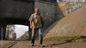 Front view full length of mature bearded homeless man in dirty clothes walking near bridge tunnel in city. Male in boots holding plastic bin bags with trash and belongings. Steadicam stabilized shot.