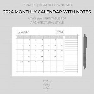 Printable Calendar 2024 | A4, A5| Landscape | Monday & Sunday Start | Minimalist | Download | Digital PDF - Etsy UK