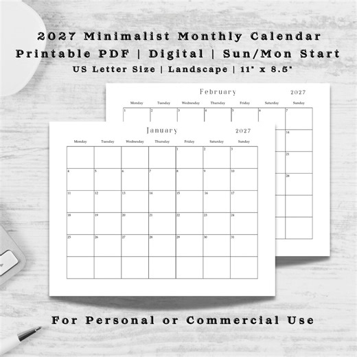 2027 Monthly Calendar, Printable PDF, Minimalist, Dated Calendar, Sunday Monday Start, Personal or Commercial Use, Letter Size - Etsy Canada