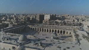 Aerial view of the Great Mosque of Aleppo, or Umayyad Mosque, was built in 715. The war caused destruction of the mosque and the city of Aleppo.