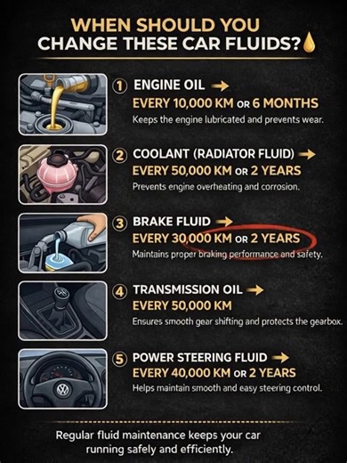 🚗 Are You Changing Your Car’s Fluids on Time? Vehicle fluids are the lifeblood of your car. Ignoring them can lead to expensive repairs, poor performance, or even dangerous driving conditions. Here’s a quick maintenance guide every driver should know: 🔧 Engine Oil Change every 10,000 km or 6 months Keeps internal engine parts lubricated and prevents premature wear. 🌡 Coolant (Radiator Fluid) Change every 50,000 km or 2 years Helps regulate engine temperature and prevents overheating and corro