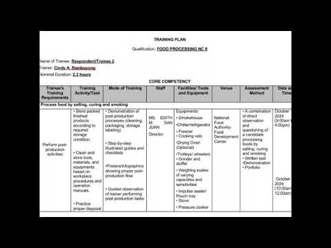 Training Plan in Food Processing NC II