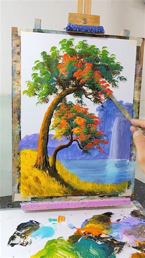 Easy Red Flowers on Green Tree | Part 2 Acrylic Painting Short