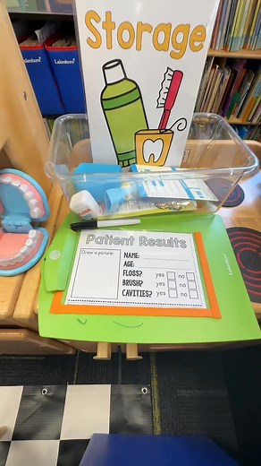 This week, our dramatic play center is a dentist’s office! Students sign in, wait in the “waiting room” with Highlights magazines, then the “dental hygienist” calls them in for an appointment. They get x-rays and a quick checkup from the “dentist,” all using our Melissa & Doug dental kit. It’s such a fun way to explore dental health through play! | Preschool Vibes