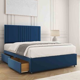 Bsspoke Monaco Divan Bed Set Blue Plush Velvet 26" Panel Headboard & 2 Drawers Same Side & Mattress 3ft